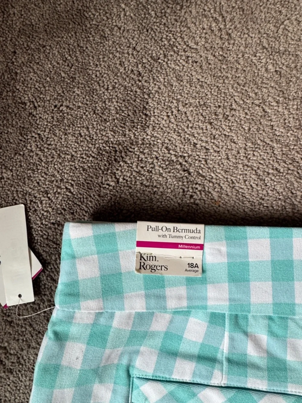 Kim Rogers Aqua Green White Gingham Pull On Tummy Control Bermuda Shorts SIZE 18